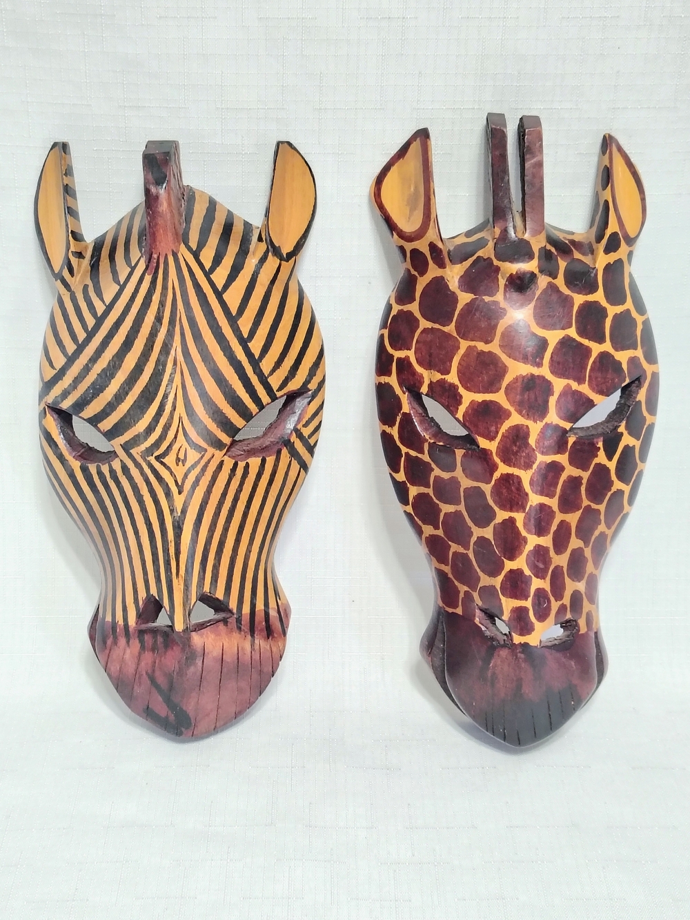 2 Wooden African Animal Masks Hand Carved Wall Decor Zebra & Giraffe Masks 10"